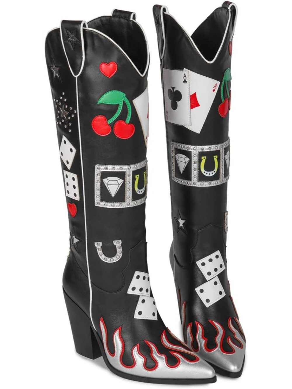 Women's Black Multi Element Western Knee High Slip On Pointed Toe Cowgirl Boots - Picture 6 of 6